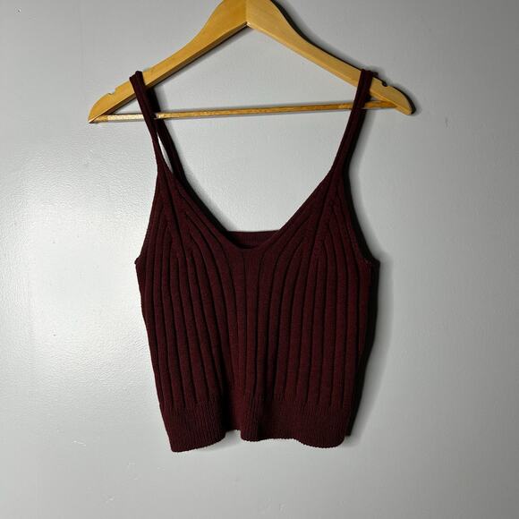 Anthropologie Ribbed Burgundy Knit Crop Top Women's Medium V-Neck Minimalist - Picture 2 of 9